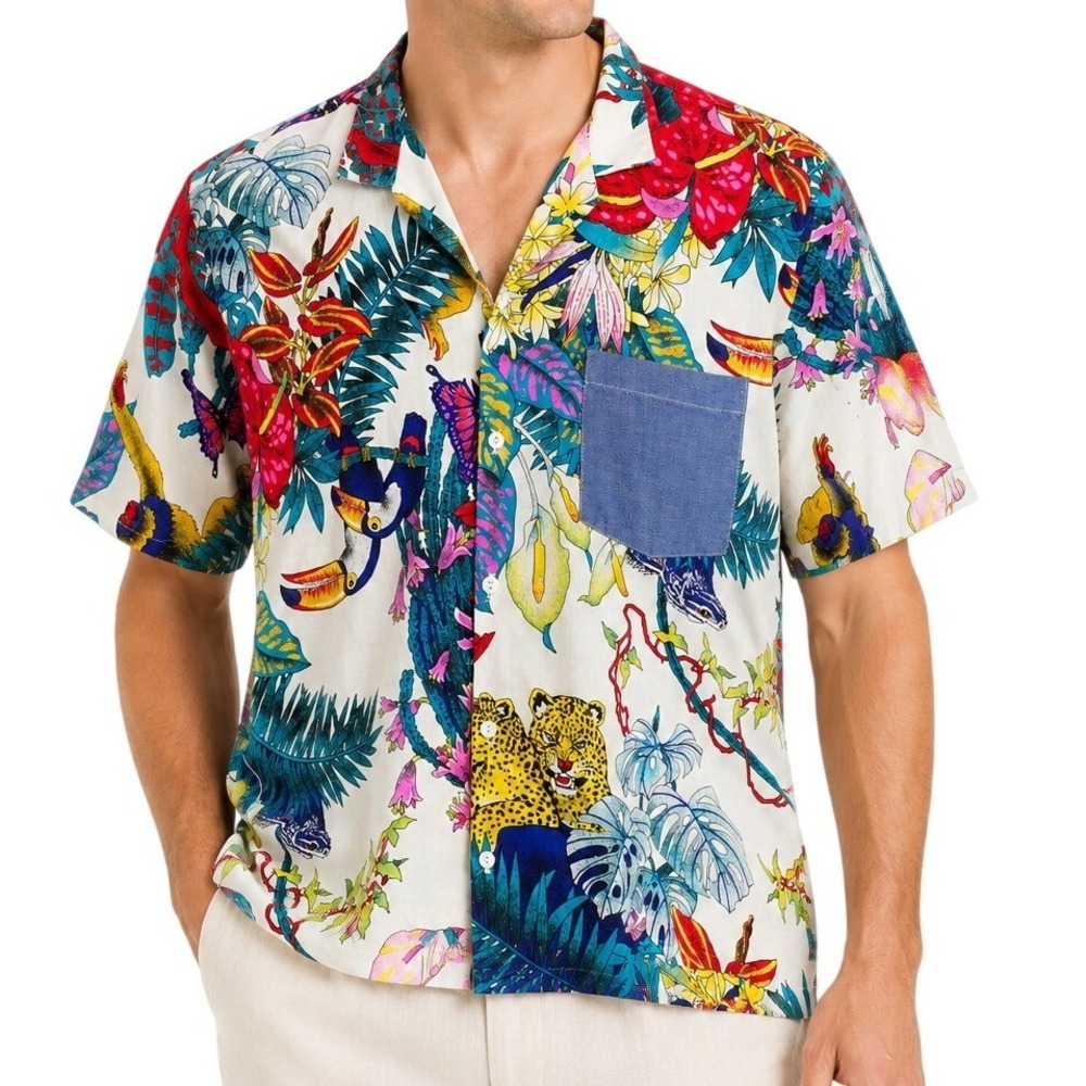 VTG FAST BREAKERS Camp Shirt Men Large Tropical Jungle Toucan Leopard USA Resort